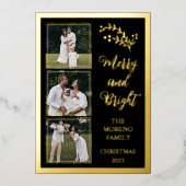 Holly | Bessen Kerst 4 Foto Vrolijk en helder Folie Feestdagenkaart (Voorkant)