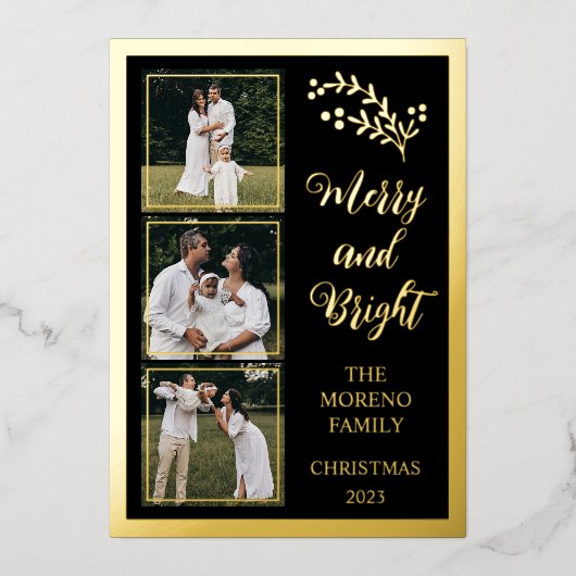 Holly | Bessen Kerst 4 Foto Vrolijk en helder Folie Feestdagenkaart (Voorkant)