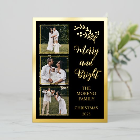 Holly | Bessen Kerst 4 Foto Vrolijk en helder Folie Feestdagenkaart (Staand Voorkant)