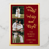 Holly | Bessen Kerst 4 Foto Vrolijk en helder Folie Feestdagenkaart (Voorkant)