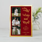 Holly | Bessen Kerst 4 Foto Vrolijk en helder Folie Feestdagenkaart (Staand Voorkant)