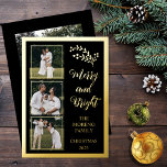 Holly | Bessen Kerst 4 Foto Vrolijk en helder Folie Feestdagenkaart<br><div class="desc">Dit vierfoto ontwerp is volledig in gouden folie (of kies zilver of roos) tekst en accenten met gouden folie hulst en bessen te koppelen met de "Merry and Bright" bewerkbare begroeting. Beschikt over drie kleinere vierkante foto's aan de voorkant van links naar beneden met een grotere enkele foto aan de...</div>