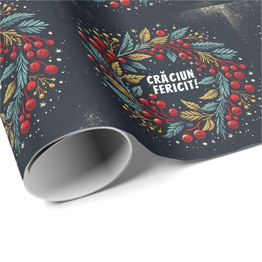 Holly bessen krans Roemeense Vlag kleuren Wrap Cadeaupapier (Rol Hoek)