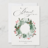 Holly Bessen Pijnboom Sneeuw Kerstkrans Feestdagenkaart (Voorkant)