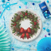 Holly, bessen, pinecones en rode strik Kerstmis Papieren Bordje (Feest)