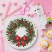 Holly, bessen, pinecones en rode strik Kerstmis Papieren Bordje (Feest)