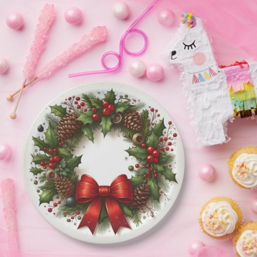 Holly, bessen, pinecones en rode strik Kerstmis Papieren Bordje (Feest)