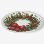Holly, bessen, pinecones en rode strik Kerstmis Papieren Bordje (Gekanteld)