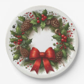 Holly, bessen, pinecones en rode strik Kerstmis Papieren Bordje (Voorkant)