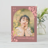 Holly bessen stoffige roze kerst foto boog feestdagenkaart (Staand voorkant)