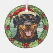 Holly Border Santa Rottweiler Hondenkerst Glas Ornament (Voorkant)