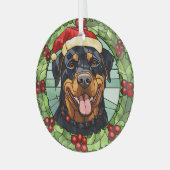 Holly Border Santa Rottweiler Hondenkerst Glas Ornament (Voorkant links)