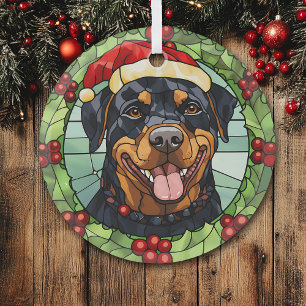 Holly Border Santa Rottweiler Hondenkerst Glas Ornament