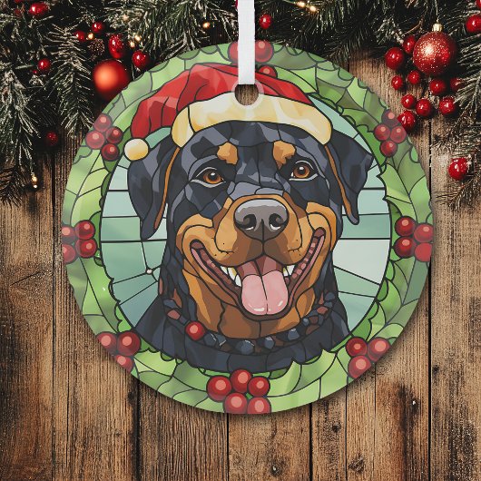 Holly Border Santa Rottweiler Hondenkerst Glas Ornament