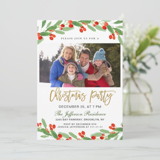 Holly Branch Waterverf Foto Kerstfeest Kaart (Staand voorkant)