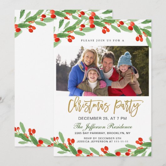 Holly Branch Waterverf Foto Kerstfeest Kaart (Voorkant / Achterkant)