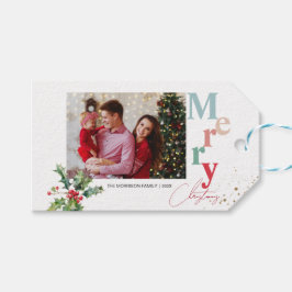 Holly Branches één familie foto Kerstmis Cadeaulabel