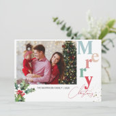 Holly Branches één familie foto Kerstmis Feestdagenkaart (Staand voorkant)
