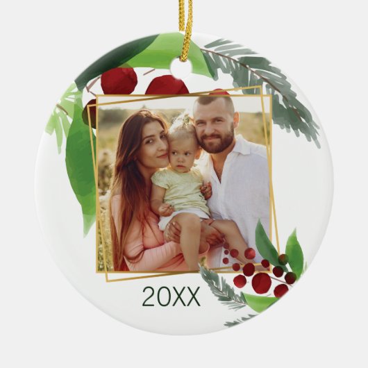 Holly Branches Fotokerstversiering Keramisch Ornament (Voorkant)