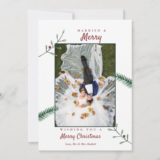 Holly Branches Passen getrouwd 1e kerstbruiloft Feestdagenkaart (Voorkant)
