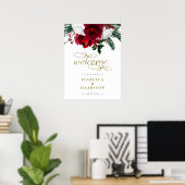 HOLLY Burgundy Floral kerstbruiloft Welkom Poster (Thuiskantoor)