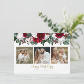 HOLLY Burgundy Floral Pine Foto met kerstmis Kaart (Staand voorkant)