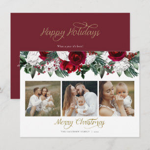 HOLLY Burgundy Floral Pine Foto met kerstmis Kaart
