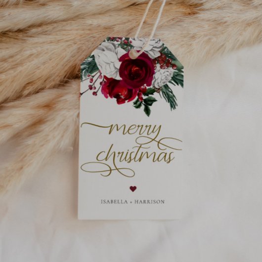 HOLLY Burgundy Gold Floral Merry Kerstry Cadeaulabel