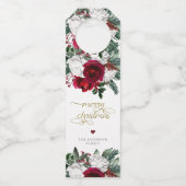 HOLLY Burgundy Gold Floral Merry Kerstry Flessenhanger (Voorkant)