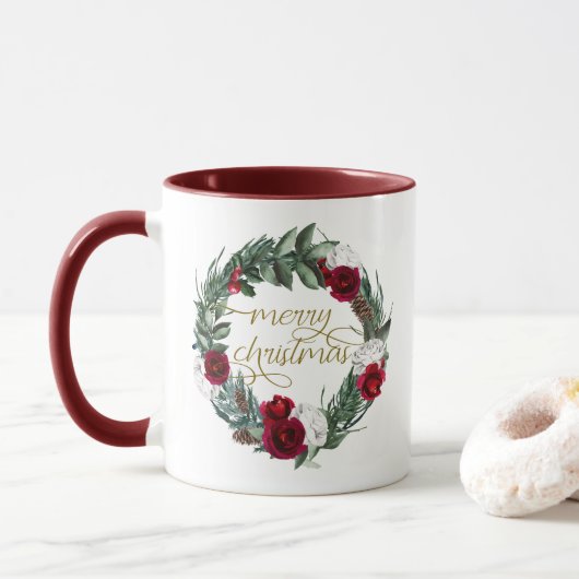 HOLLY Burgundy Winter Floral Merry Kerstmis Mok (Met donut)