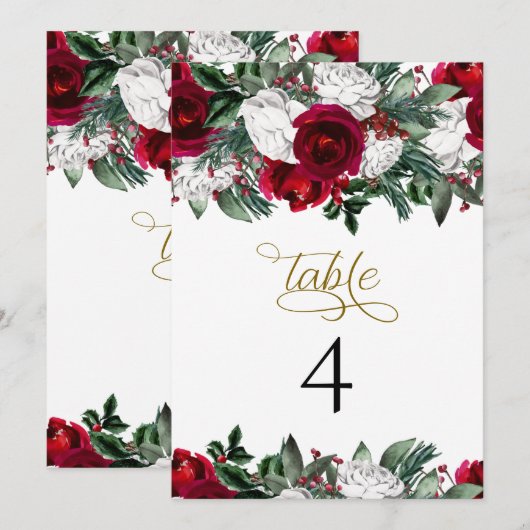 HOLLY Burgundy Winter Floral Table Number Kaarten (Voorkant / Achterkant)