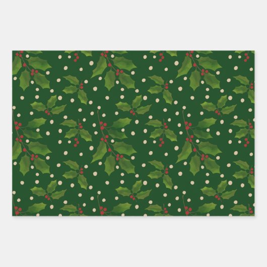 Holly cadeau wrap 3 pack inpakpapier vel (Voorkant)