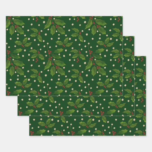 Holly cadeau wrap 3 pack inpakpapier vel (Set)