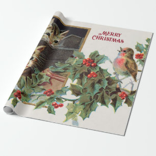 Holly Cats en vogelkerst Cadeaupapier