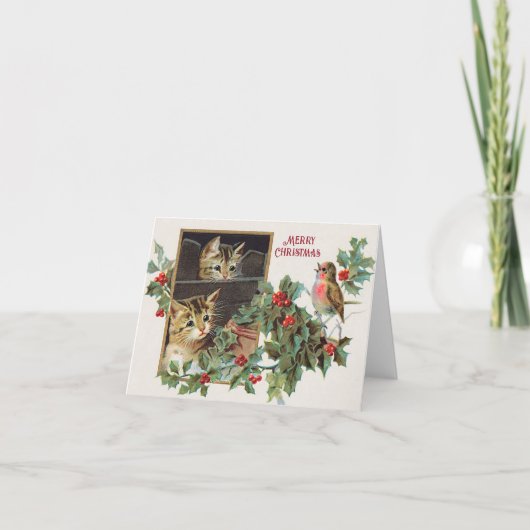  Holly Cats en vogelkerst Feestdagen Kaart (Voorkant)