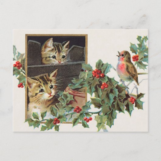  Holly Cats en vogelkerst Feestdagenkaart (Voorkant)