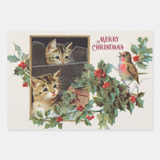  Holly Cats en vogelkerst Inpakpapier Vel (Voorkant)