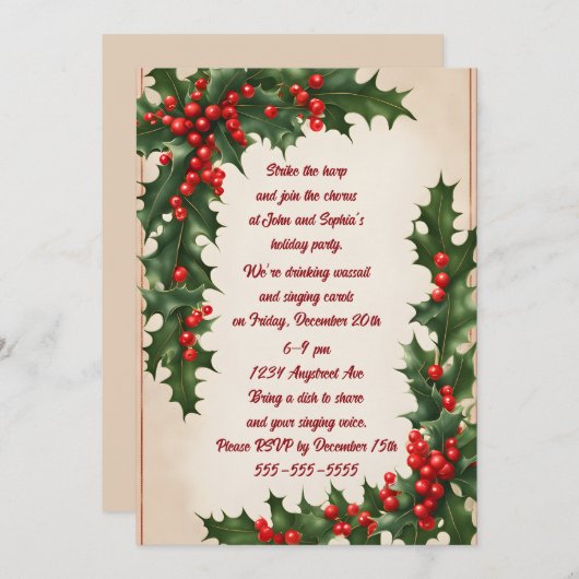Holly Corners kerstfeest uitnodiging (Voorkant / Achterkant)