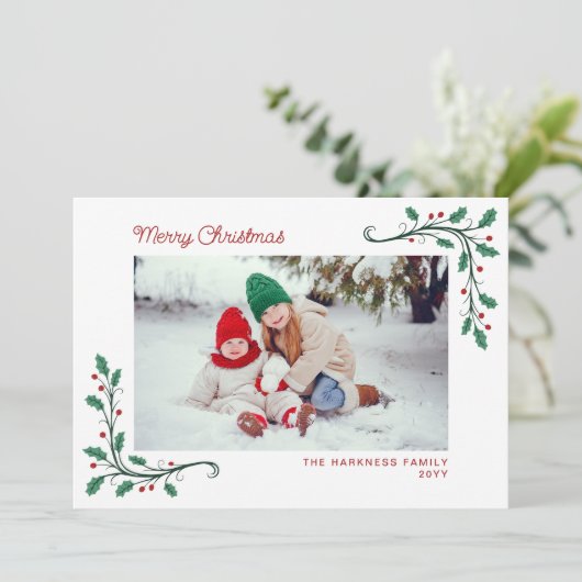 Holly Corners Snapshots of Year Merry Christmas Feestdagenkaart (Staand voorkant)