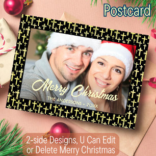 Holly Cross Familie Foto Kerstmis Religieuze Faith Feestdagenkaart