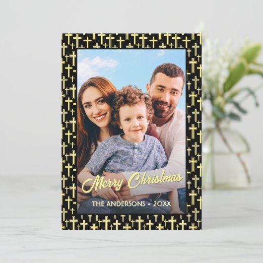 Holly Cross Familie Foto Kerstmis Religieuze Faith Feestdagenkaart (Staand voorkant)