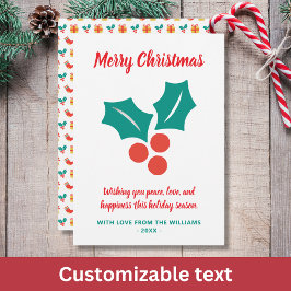 Holly Custom Text Rood Wit Groen Vrolijk Kerstfees Feestdagenkaart