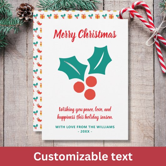 Holly Custom Text Rood Wit Groen Vrolijk Kerstfees Feestdagenkaart