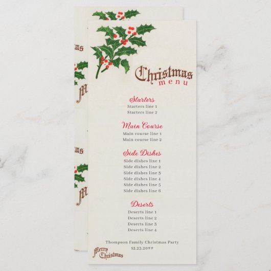 Holly Elegant Feestelijk Kerstdiner Menu (Voorkant / Achterkant)