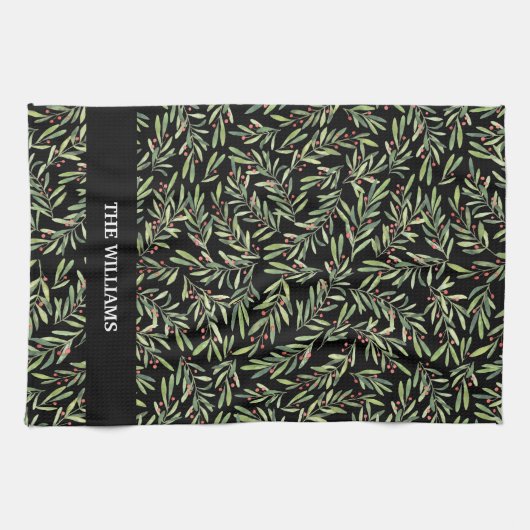 Holly en Berries op Black Holiday Kerstmis Theedoek (Horizontaal)