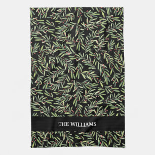 Holly en Berries op Black Holiday Kerstmis Theedoek