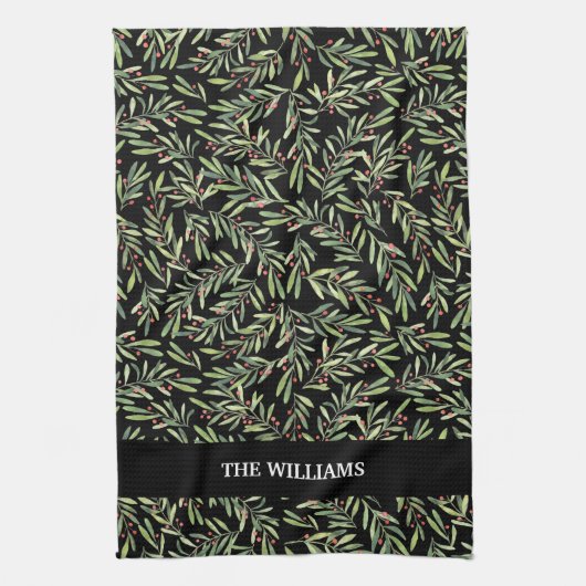 Holly en Berries op Black Holiday Kerstmis Theedoek (Verticaal)