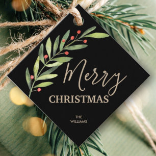 Holly en Berries op Black Merry Kerstplein Bedankjes Labels