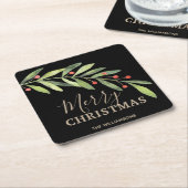 Holly en Berries op zwarte kerst Kartonnen Onderzetters (Schuin)