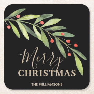 Holly en Berries op zwarte kerst Kartonnen Onderzetters